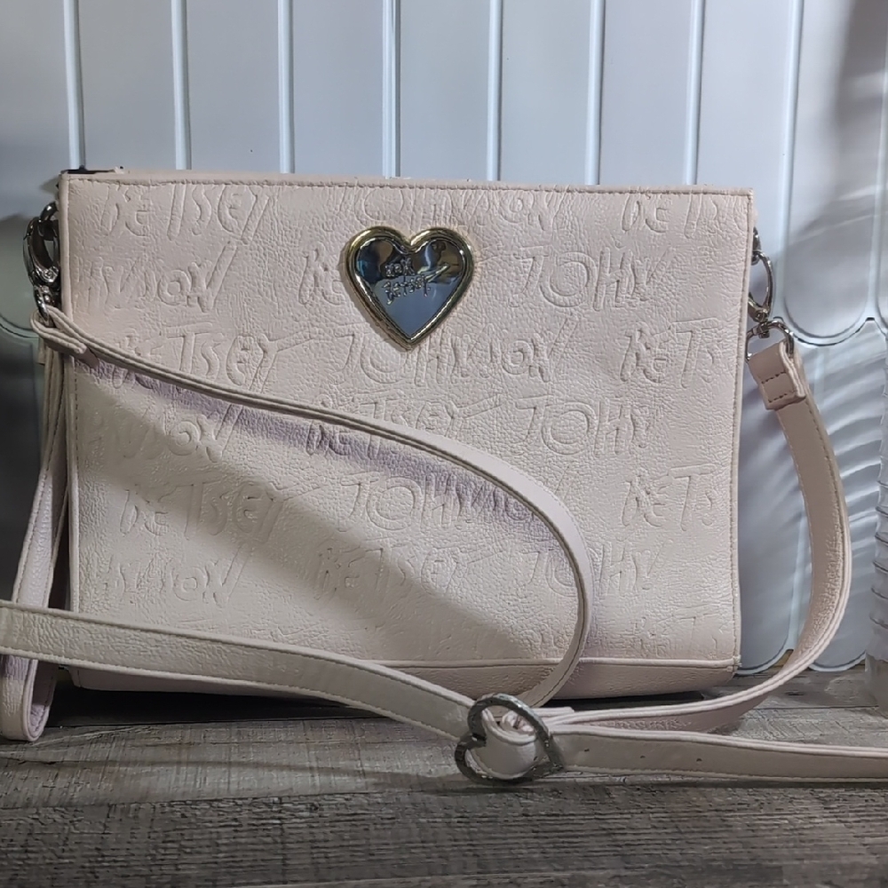 Betsey Johnson Heart Embossed Cream Crossbody Bag